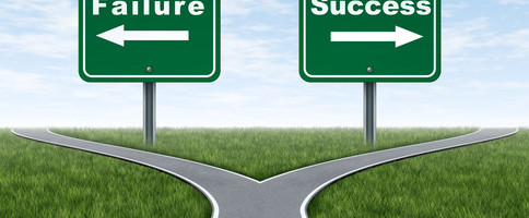 Success and failure symbol represented by a forked road with a road sign representing Failing and another successfulness with arrows for turning in the direction that is chosen after facing the difficult dilemma.